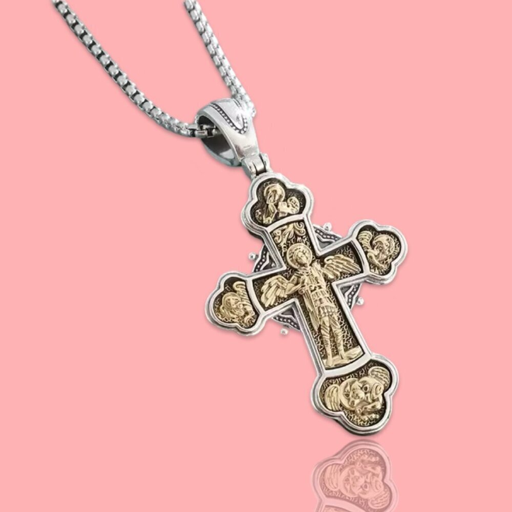 TwoTone Catholic Cross Heavy Pendant and Necklace #1434 - Picture 5 of 8